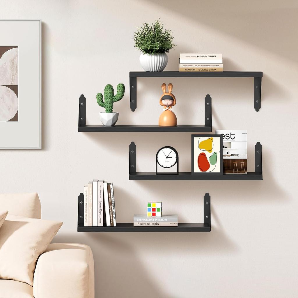 Wood Floating Shelves Set of 4, Rustic Storage Decor Wall Shelves, Wall Mounted Shelf for Living Room, Bedroom 17" X 6", Black