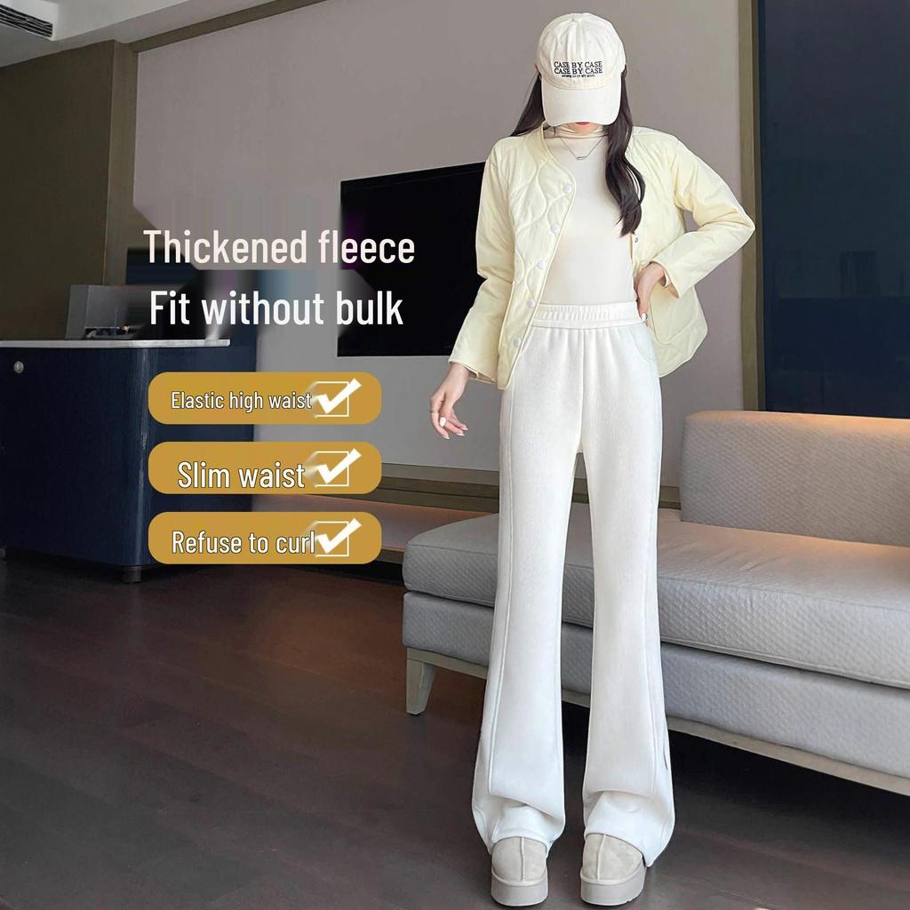 Chenille Fleece-Lined Bell Bottom Pants for Plus-Size Women - Autumn/Winter Lambswool Cotton Micro-Flare Warm Pants