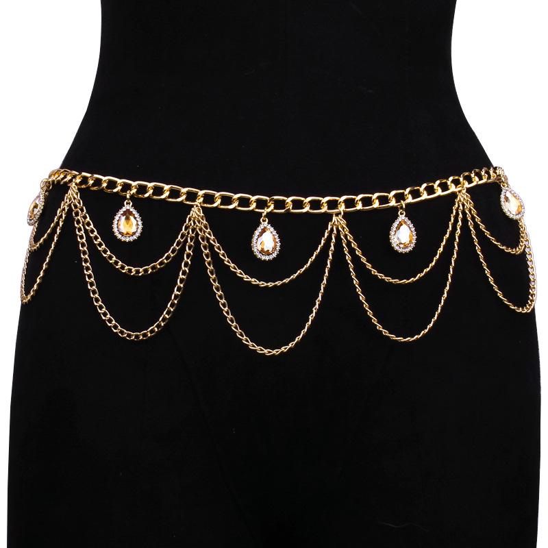 Trendy Rhinestone Gem Gold Crystal Wave Tassel Pendant Waist Chain