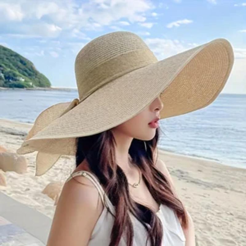 Womens Wide Brim Straw Sun Hat UV Protection Foldable Bowknot Beach Hat for Summer Travel Vacation Outdoor Use