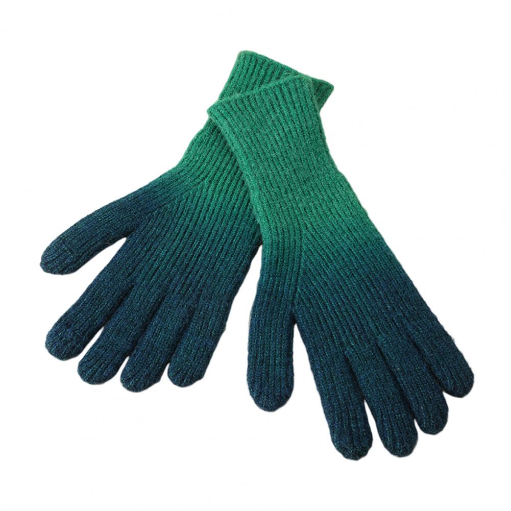 1 Pair Women Fall Winter Gloves Gradient Contrast Color Knitted Five Fingers Stretchy Anti slip Thermal Windproof O