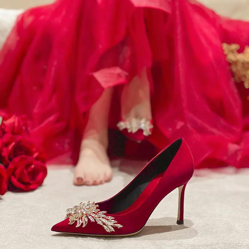 Maogu Satin Rhinestone Crystal Shallow Pumps Stiletto High Heel Luxury Women's Shoe 2024 Spring White Women Bridal Wedding Shoes
