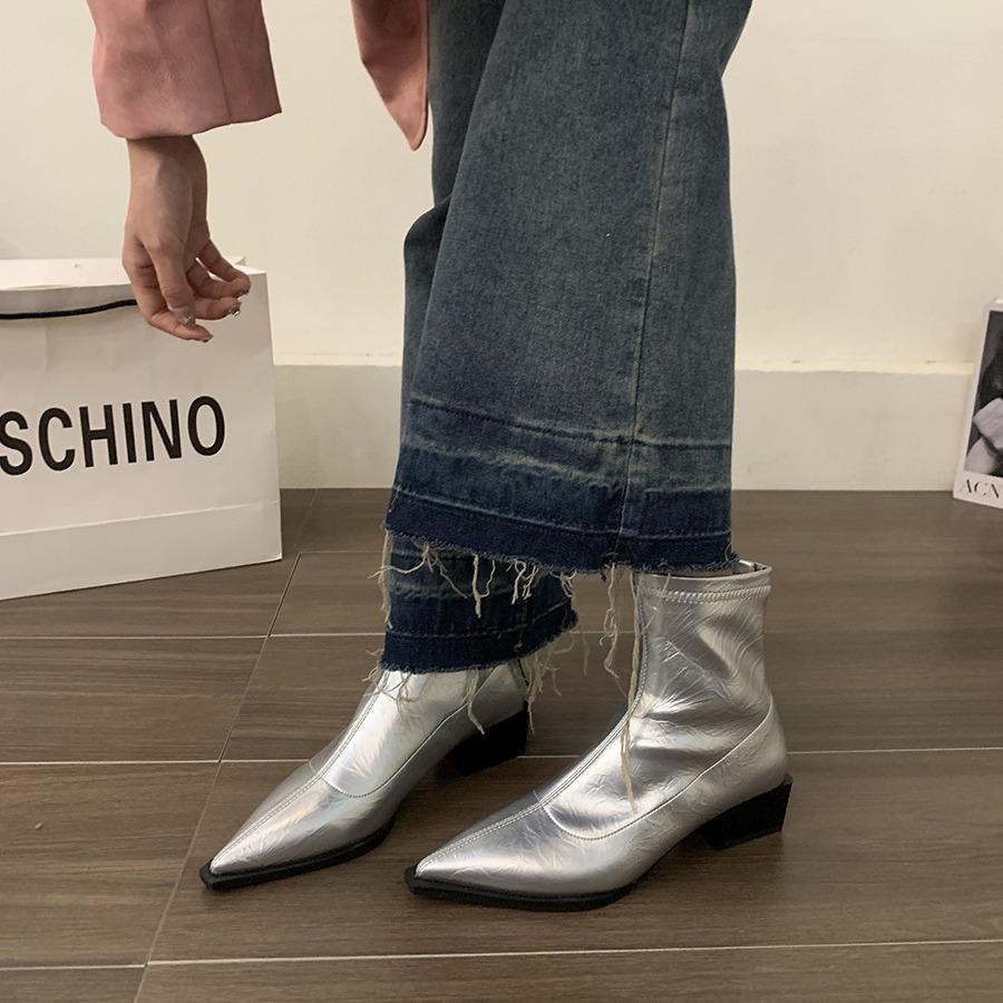 French Fashion Thick Heel Short Boots Women's Shoes 2025 New Spring and Autumn Single Boots Pointed Silver Temperament Thin Boots