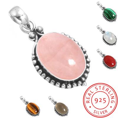 925 Sterling Silver Pendant Women Gemstone Handmade Jewelry Anniversary Gift Malachite Moonstone Rose Quartz Red Stone Smoky Topaz Tiger Eye Solitaire