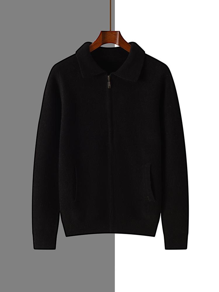 Men's 100% Pure Wool Knit Polo Collar Cardigan – Thickened, Fashionable, Zipper-Front Sweater for Business & Casual Wear.