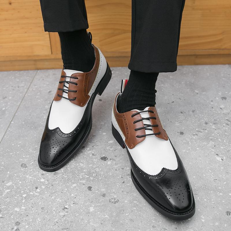 Men Pointed Leather Shoes Handmade High Quality Casual Oxford Business Work Shoes Fashion Color Block Lace-up Comfortable Shoes
