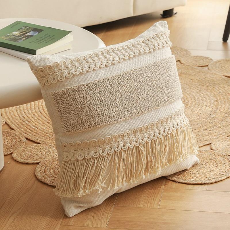 Bohemian Baumwoll-Leinen Bauernhaus Kissenbezug Webspitze Quaste Kissenhülle Bettkopf Sofa Kissenbezug Heimdekoration 45×45CM