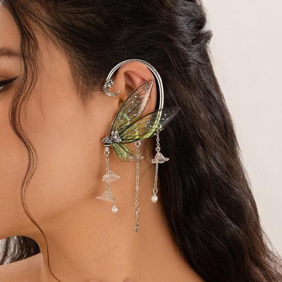 1 pièce de manchette d'oreille pour femme en forme de papillon, pompon à paillettes, fleur, lune, décoration d'oreille suspendue, style fée de la forêt, antidérapant, électroplaqué, pour cosplay, fête