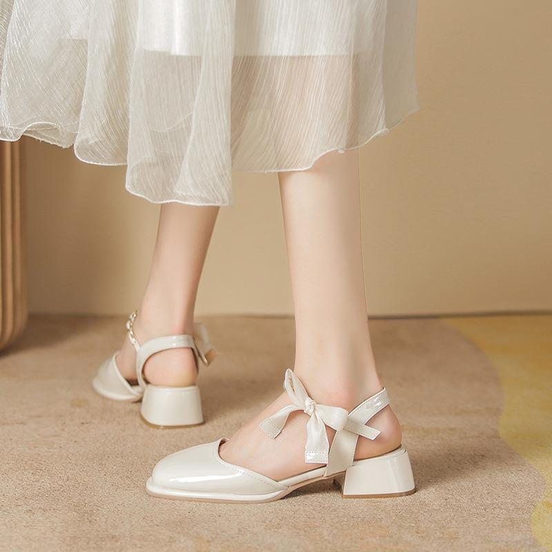 Summer new sandals women's spring wear thick heel bow with skirt bag head Mary Jane single shoes