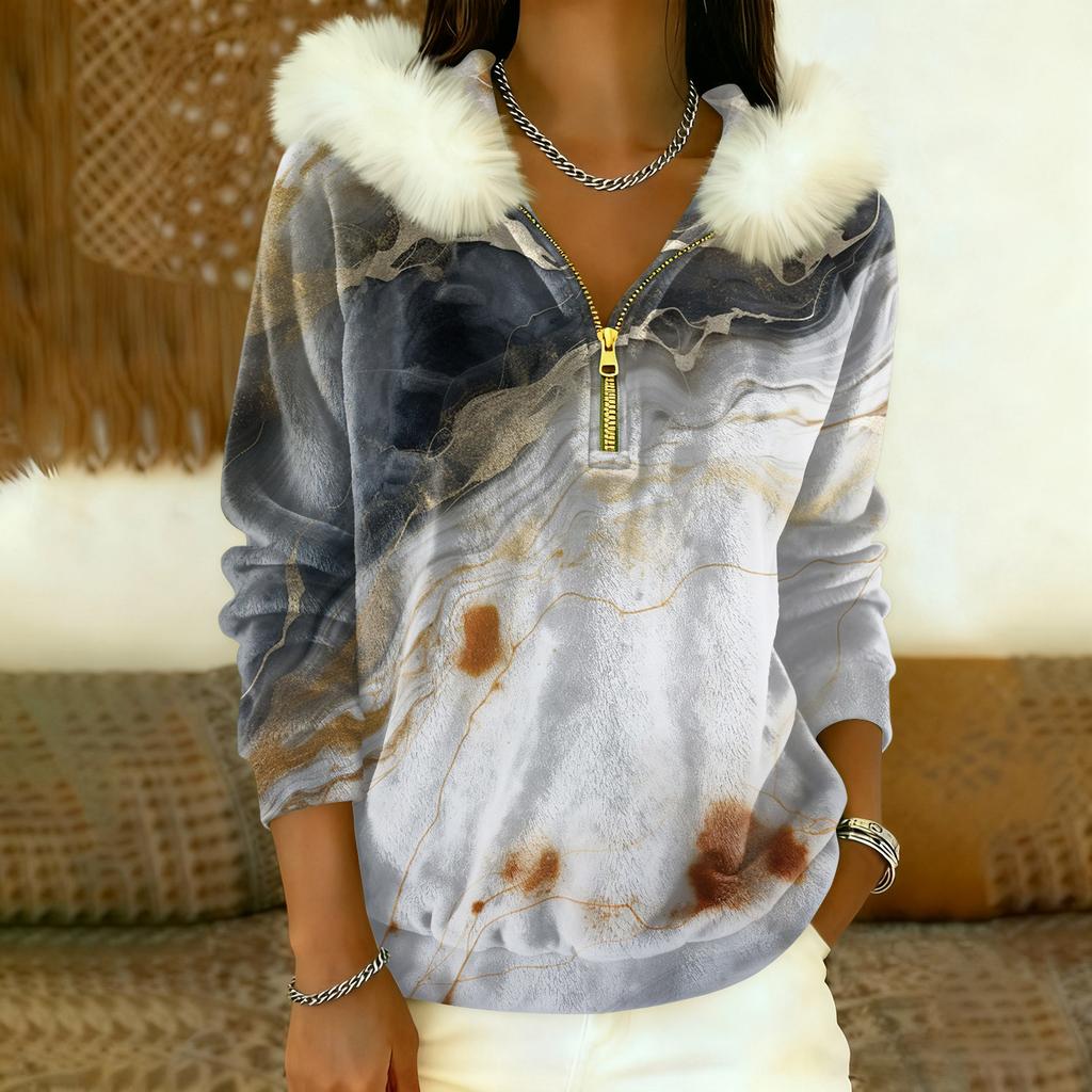 Women's Loose And Comfortable Casual Fashion Half-Zip Hooded Long Sleeve Conventional Printing Top