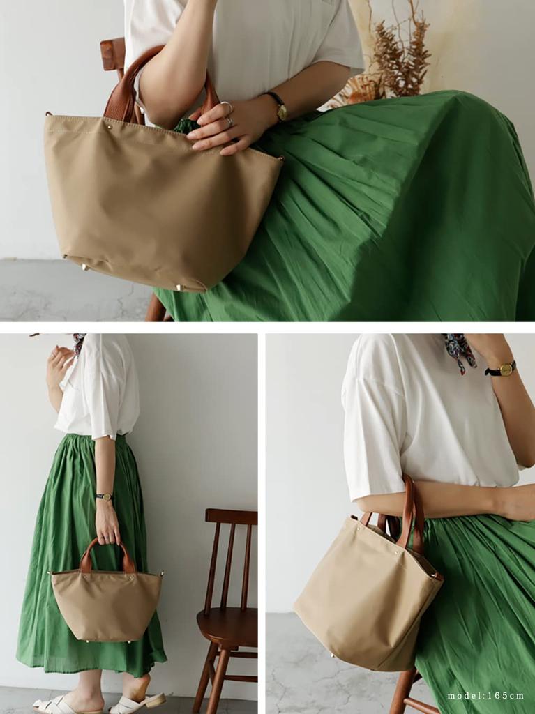 Gratante Genuine Leather Handle 2-Way Nylon Mini Tote Bag for Women, abb-g0015 (Light Beige)