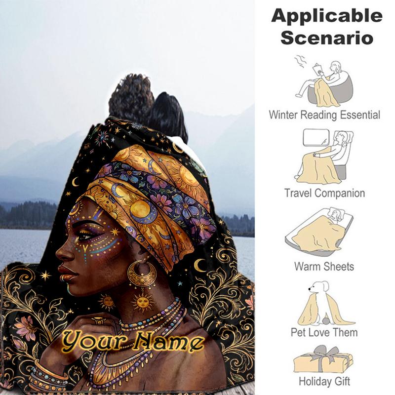 1PC Custom Name Ethereal African Goddess flannel blanket versatile,all-season throw suitable for the living room,bedroom,camping,travel,and gift