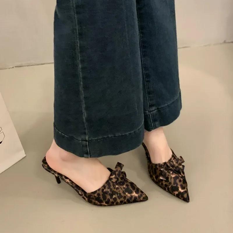 Korean Style High Heel Women's Slippers Spring Summer New Butterfly Knot Pointed Toe Shoes Thin Heel Leopard Print Slip-On