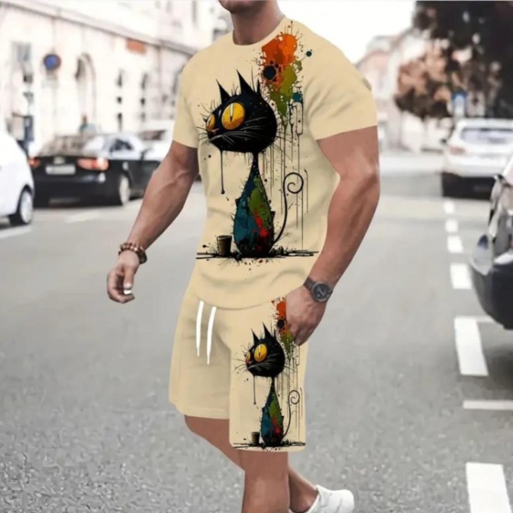 

Funny 3D Cat Print Men s Sets Summer Casual O-neck Short Sleeve Tops Shorts 2 Piece Fashion Lion Pattern Suit T-Shirts Outfit XS