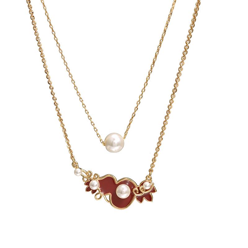 Элегантное двухслойное красное кленовое лист тыква эмаль жемчуг ожерелье - Новая китайская стиль ключица цепь