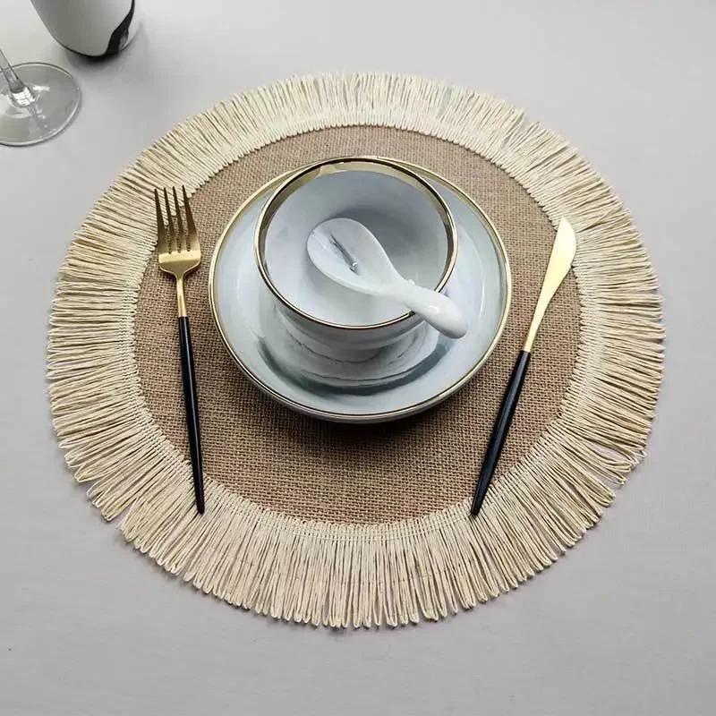 1pc Round Linen Placemats Table Mats Hand Woven Non-slip Heat Insulation Place Mats Tea Cup Pad Dining Table Decorations