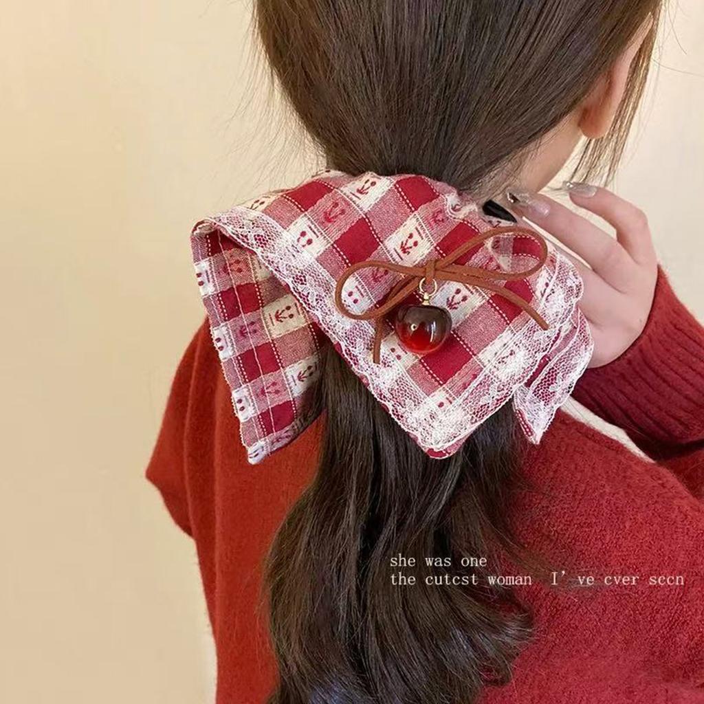 1pc sweet red plaid cherry colon hair ring, high elastic cherry bow square scarf hair ring hair ornament