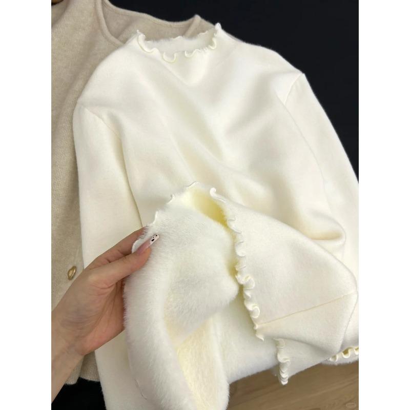 Fungus Edge Fleece Thickened Semi-turtleneck Sweater Women's Spring Soft Waxy Bottoming Shirt Top with Knitted Sweater Inside