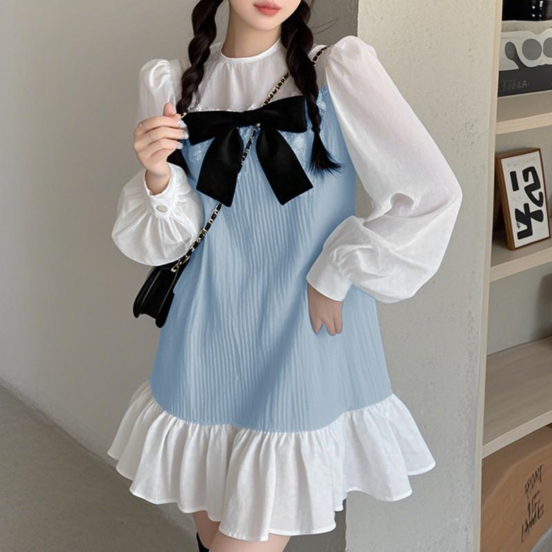 VONDA Rochii de vară pentru femei cu gât rotund Bubble cu mânecă lungă în culori contrastante