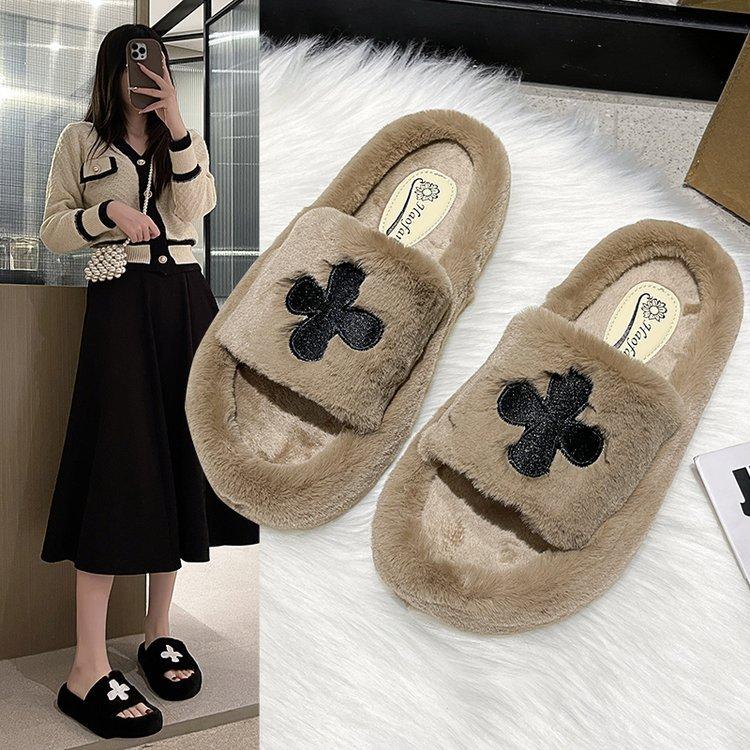 Embroidered Internet Celebrity Fluffy Slippers Women Wear 2024 Autumn and Winter New Thick Bottom Fashion Comfortable Letter Cotton Slippers Tide