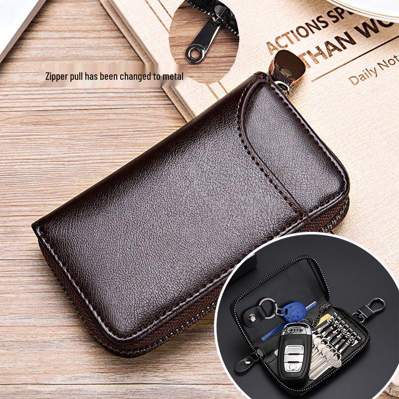 Men's Large Capacity Genuine Cowhide Key and Card Holder with Zipper