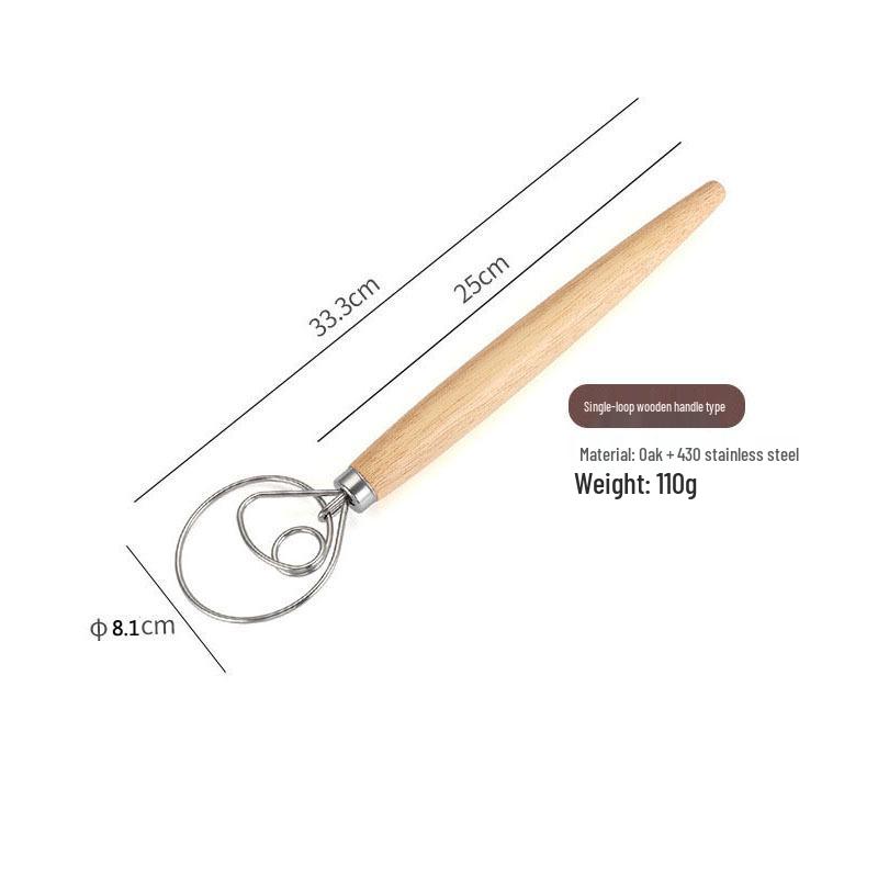 13" Oak Handle Danish Dough Mixer & Egg Beater - Stainless Steel Whisk Tool