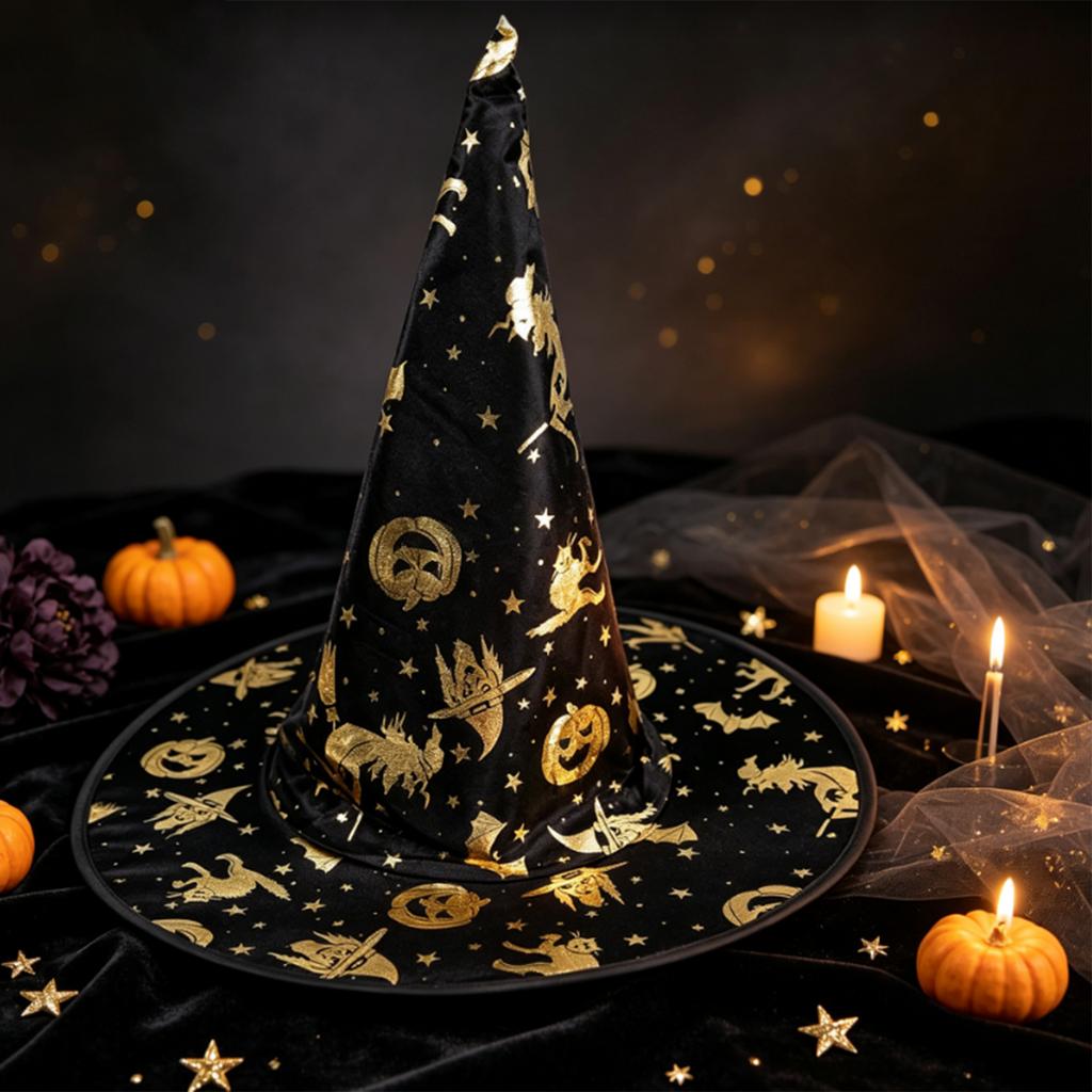 Adult Witch Hat with Gold Foil Pumpkin Design for Halloween Costume Party