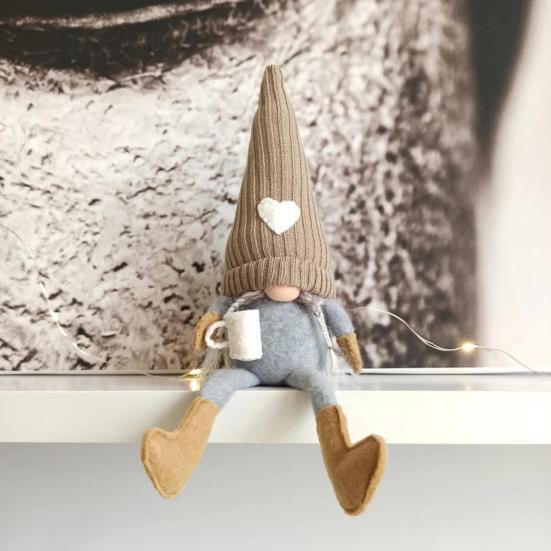 Christmas Plush Doll Knitted Heart Hat Grey Whiskers/Braid Coffee Mug Long-legged Handmade Home Decor Xmas Tabletop Faceless Gnome Stuffed