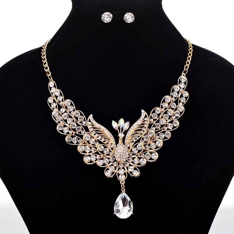 Exquisite Retro Peacock Necklace With Colorful Ear Studs Rhinestone Jewelry Set