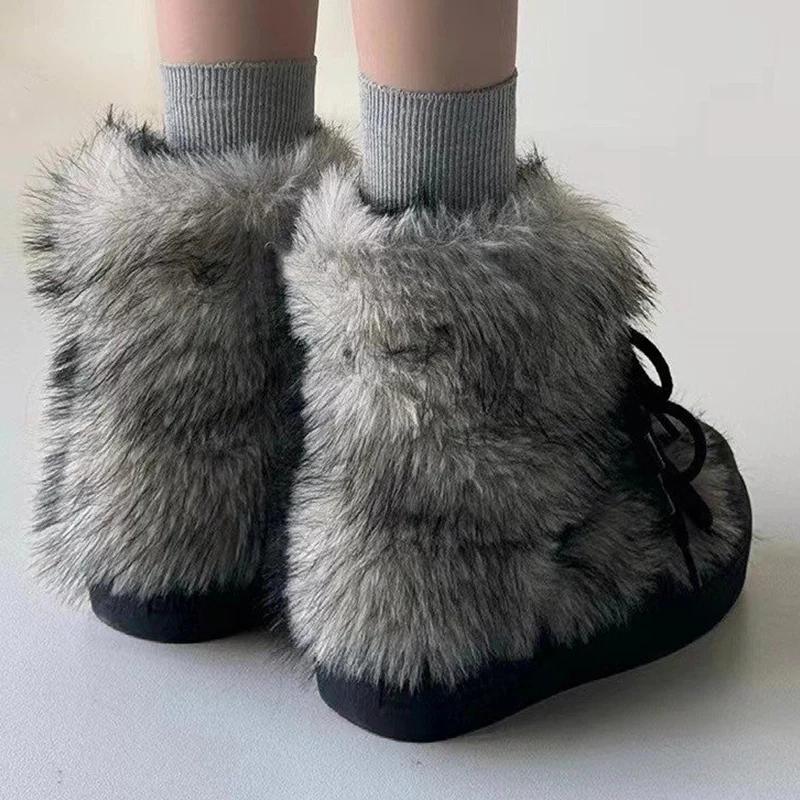 Fashion Bow Platform Women Snow Ankle Boots Fur Designer Fashion Short Plush Flats Cotton Shoes 2025 Trend Warm Cozy Winter Botas Mujer