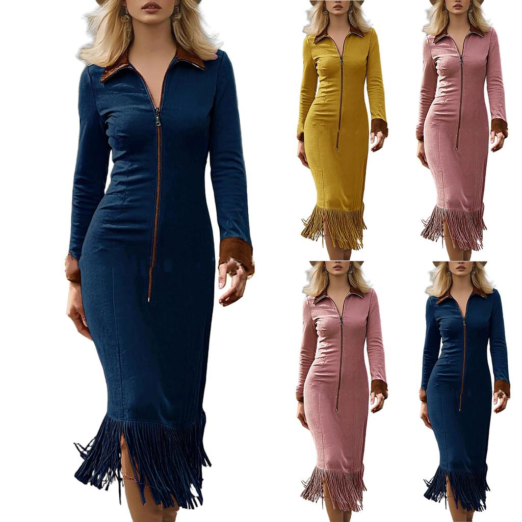 Women's Fashion Solid-Colour Western- Suede Fringe Slim-Fit Long-Sleeved Dress