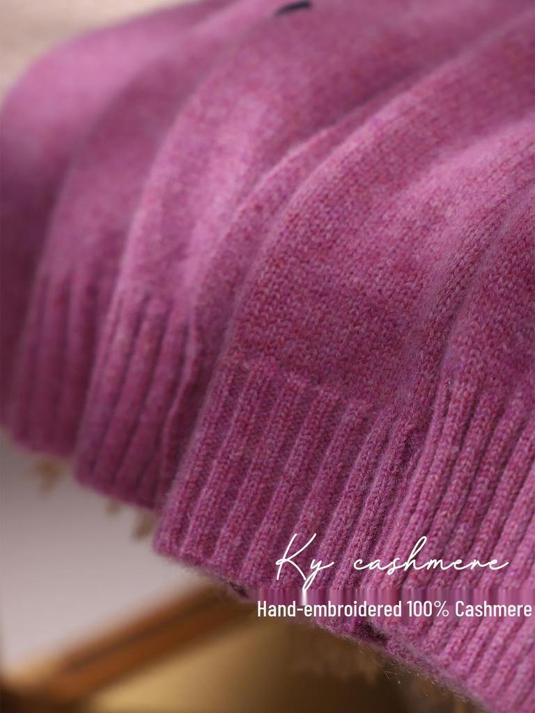 Girls' 100% Cashmere Purple Cardigan - Heavy Duty, Embroidered Knit Sweater for Spring & Autumn.