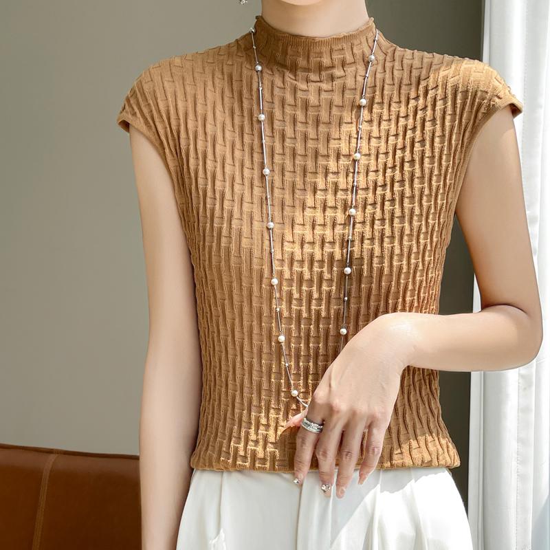 Women T-shirt Tank Summer Knitted T-shirt Short Sleeve Tees Basic Tees Knit Top Pullover Turtleneck Female