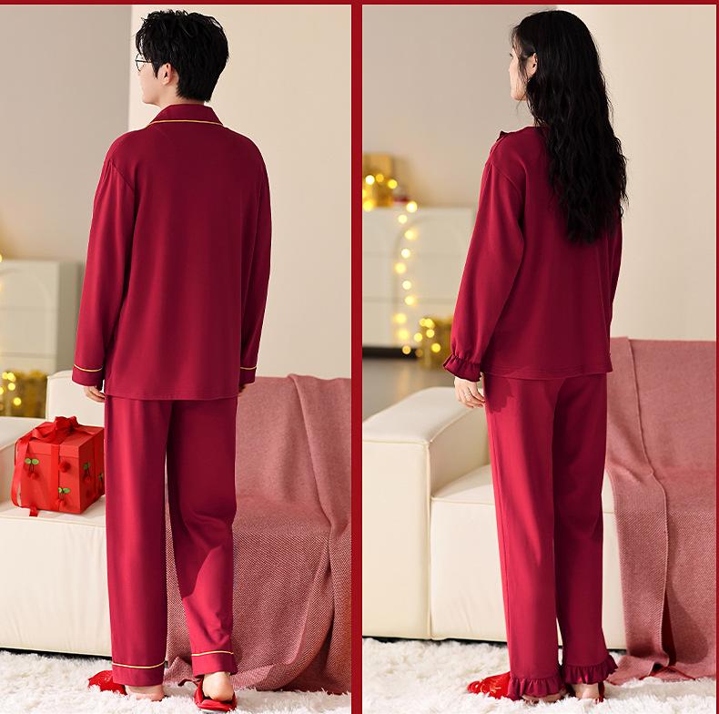 Red Newlywed Couple Pajama Set: Men's & Women's Long Sleeve Cotton Bridal Homewear for Spring and Autumn