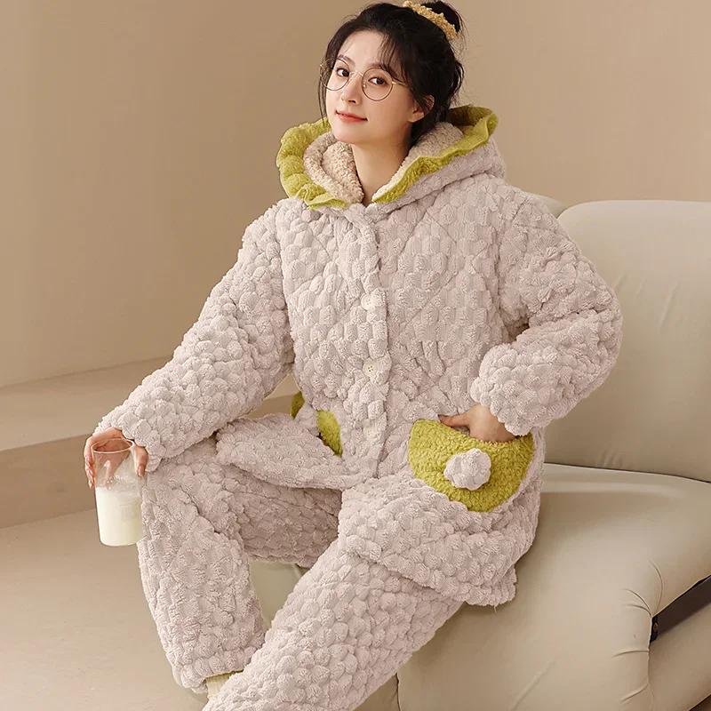 Winter Flannel Warm Nightwear for Young Girl Cardigan Lapel Pajamas Set Coral Fleece Warm Homewear Three-layer Pajamas Set