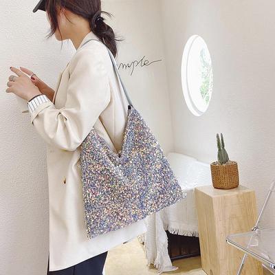 Sequined Shoulder Bag Female PU Leather Bucket Bag Trendy Satchel Crossbody Bag Designer Lady Armpit Purse