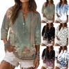 Women’s Casual Retro Floral Print V Neck Button Three Quarter Sleeve Cotton Linen Top Comfortable Loose Fit Shirt
