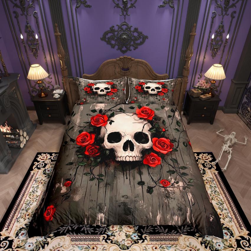 Homewish Gothic Theme Duvet Cover SetSpooky Halloween Comforter Cover SetBlack Crown Birds Bed Set For Boys Teens