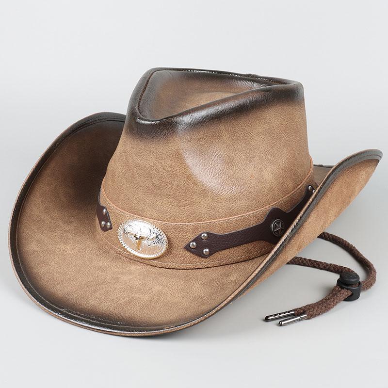 Classic Western Men's Cowboy Hat Women Cowgirl Cap Faux Leather Black Outdoor Gentleman Sombrero Hombre With Windproof Rope