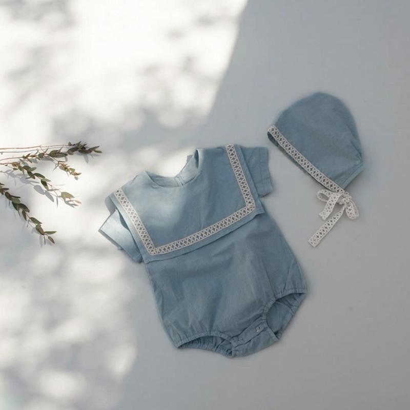 2024 Léto Velký Límec Krajka Bavlna Dětský Romper a Klobouk Set