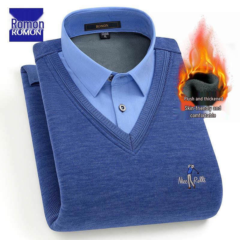 Romon Men's Winter V-Neck Sweater: Faux Two-Piece, Thick Velvet, Warm Knitwear for Middle-Aged and Elderly
