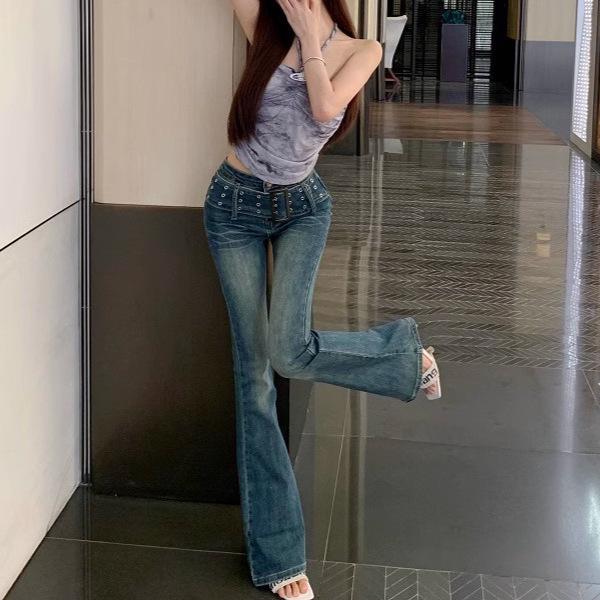 Women's Slimming Retro Flare Jeans with Wide Waistband – Versatile Floor-Length Horseshoe Pants for Spring and Autumn