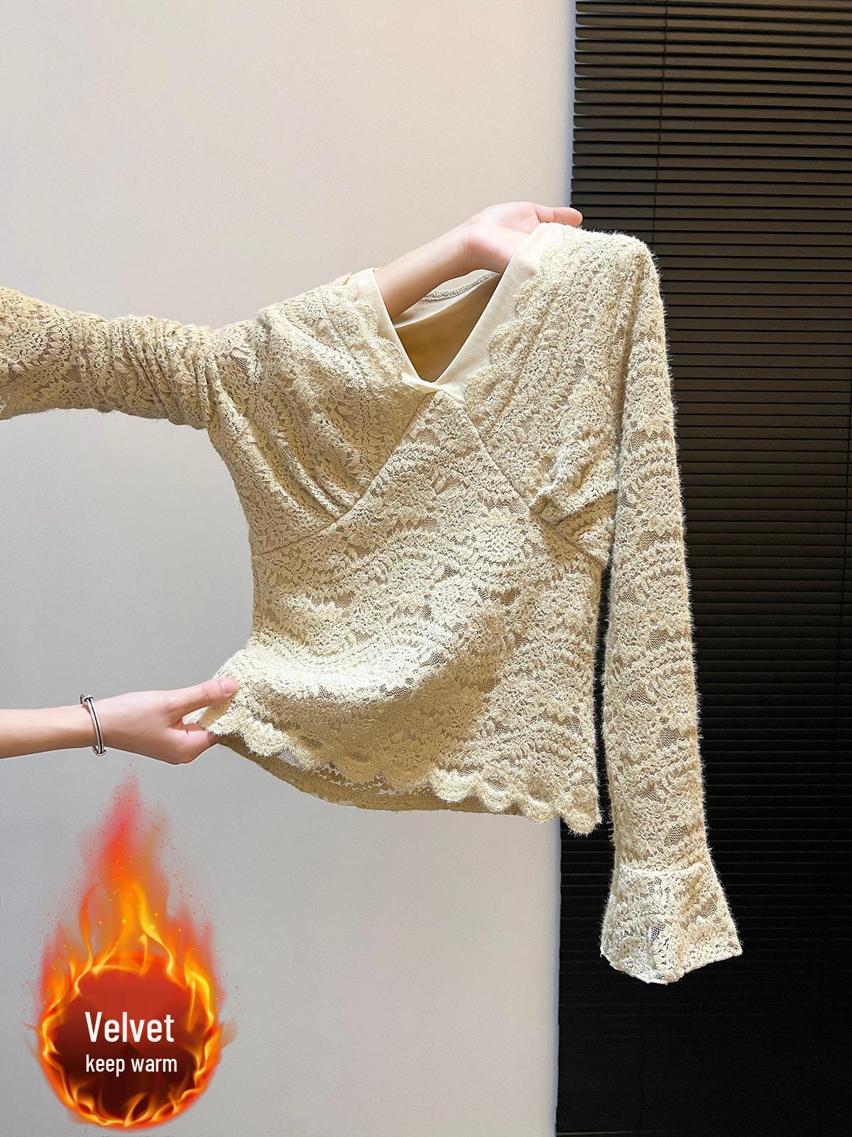

Puff Sleeve Lace Shirt with Mesh Design - Long Sleeve, Velvet-Enhanced Base Layer M