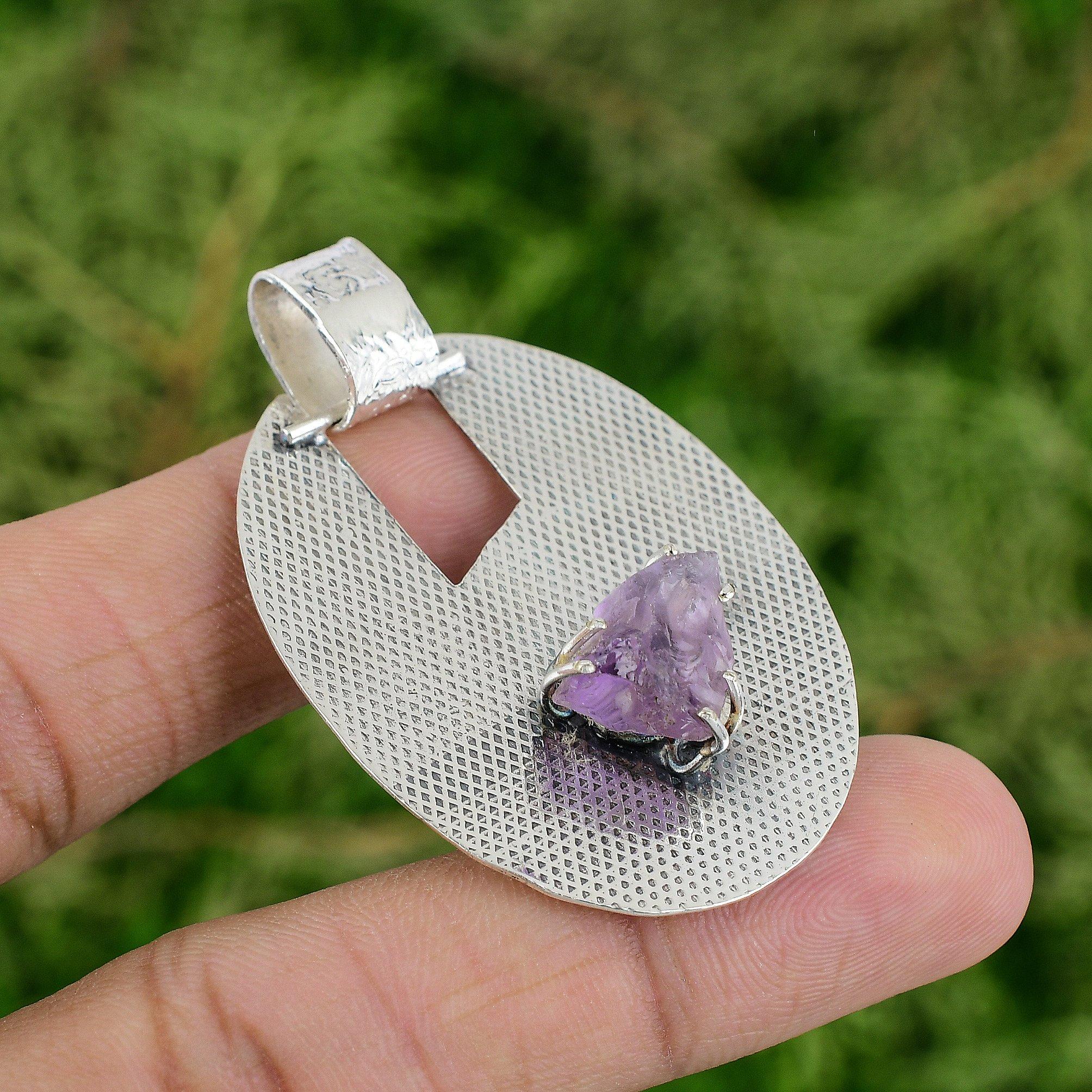 

Daughters Day Deal Sterling Silver African Amethyst Rough Gemstone Boho Pendant