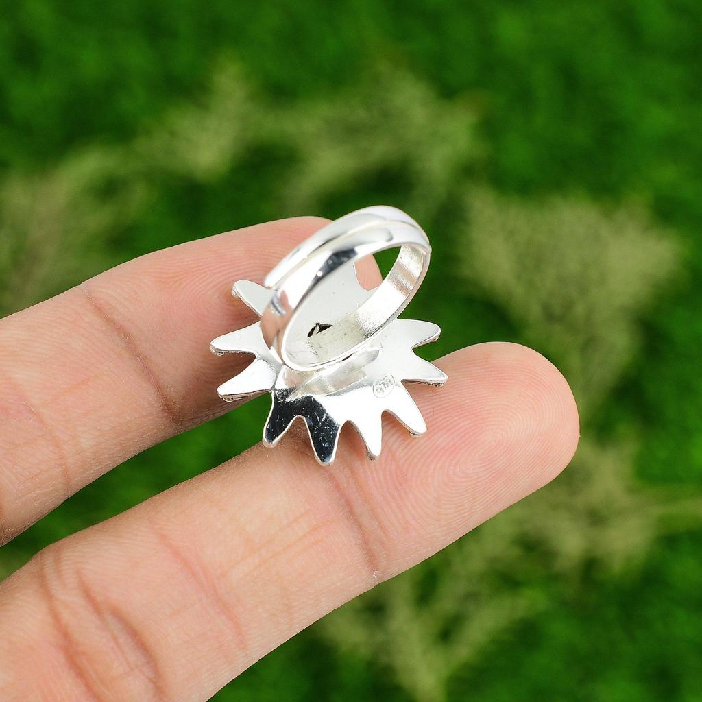 Sterling Silver Natural Labradorite Unique Statement Flower Sister Ring Jewelry