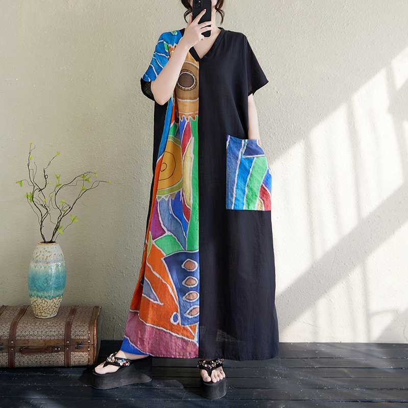 Damen Baumwolle und Leinen Retro Schlankmachendes Kurzarm Color-Blocked Kleid