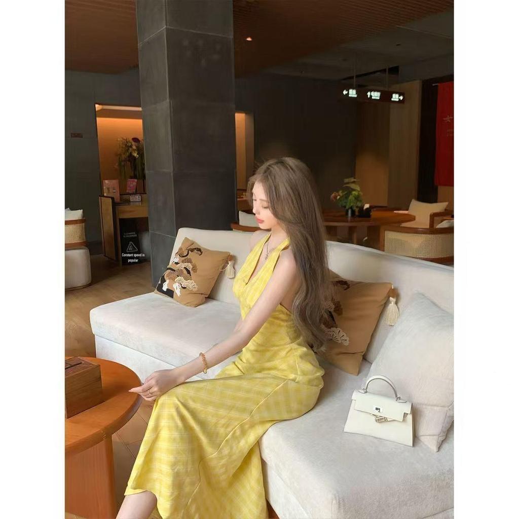 Summer French Plaid V-neck Halter Maxi Dress - Yellow Beach Style with Slim Waist