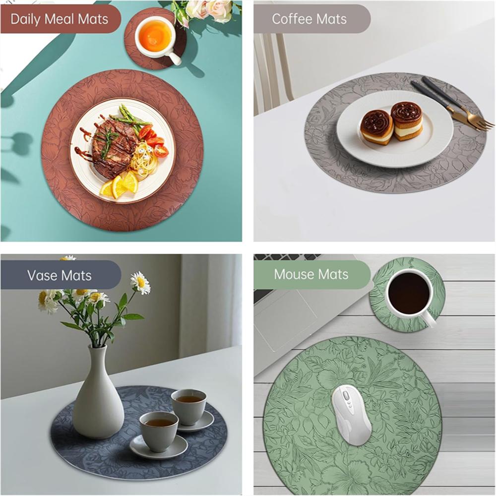 Runde Leder-Tischsets mit floralem Muster 34cm, Hitzebeständig Rutschfest Waschbar, Beidseitig zweifarbig Küchen-Kaffee-Tischsets für Zuhause