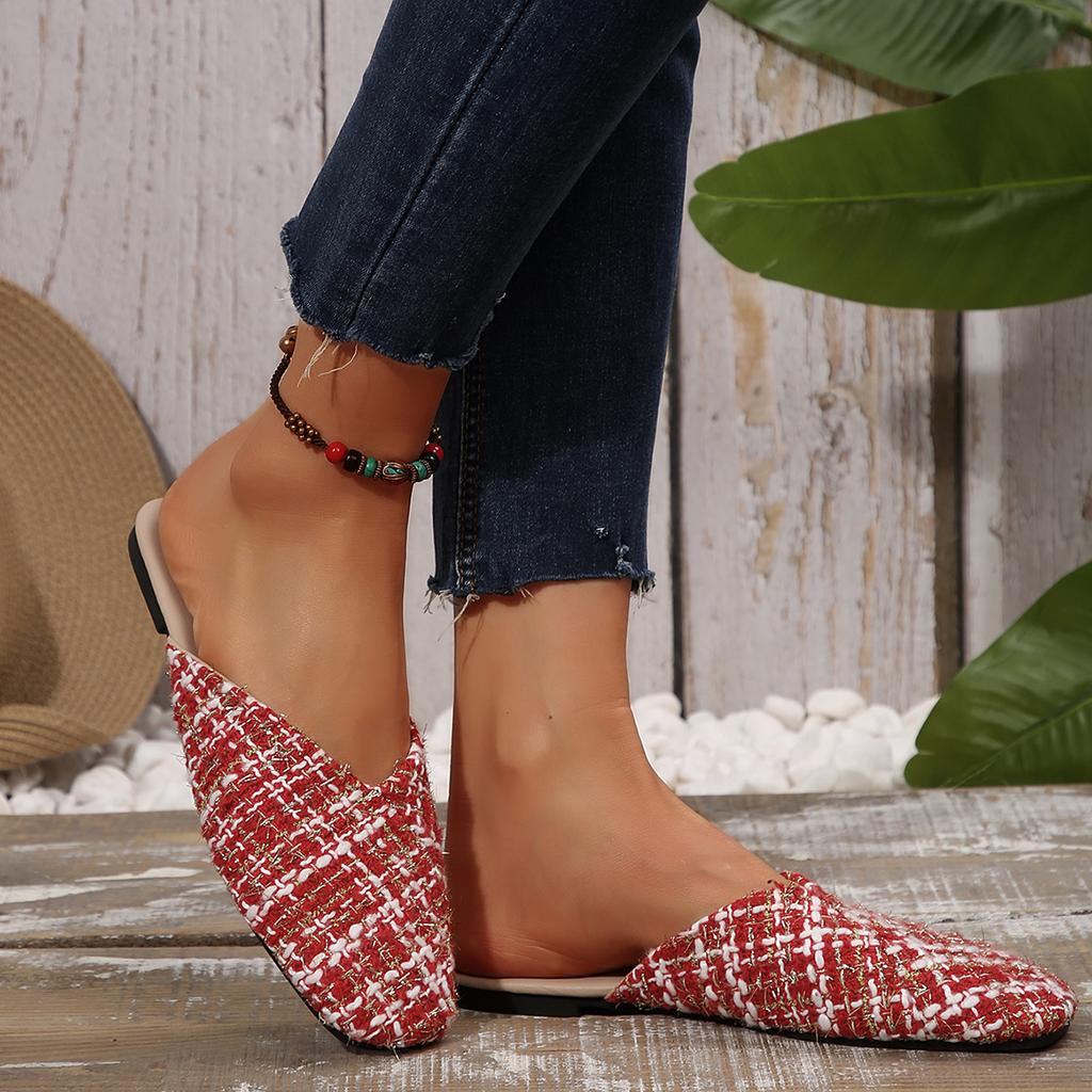 Fashion Women Slippers 2025 New Elegant Shoes Women Square Closed Toe Flat Slippers Female Casual Leather Plus Size Sandals Slides Women