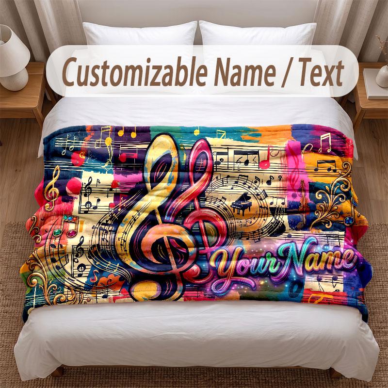 Music Theme Soft Blanket Personalized Custom Name Text Print Warm Blanket Home Sofa Bedroom Decor